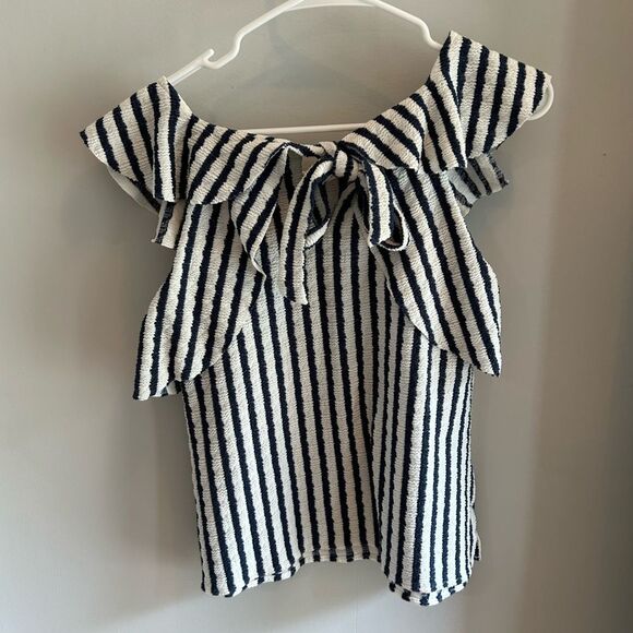 Eva Franco Keely Striped Bow Back Ruffle Top Navy Blue & White Stripe Size XS - Picture 5 of 8